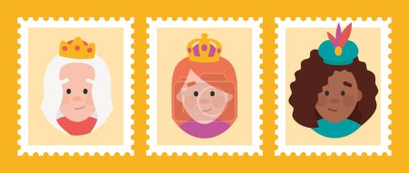 Illustration for Funny yellow Stamps packs of the wise women. The three Queen of orient, Melchiora, Gasparda and Balthazara - Royalty Free Image