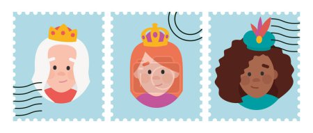 Ilustración de Funny Blue Sellos paquetes de las mujeres sabias. Las tres Reina de Oriente, Melchiora, Gasparda y Balthazara - Imagen libre de derechos
