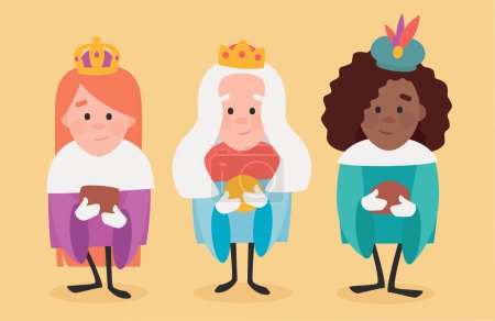 Ilustración de Tres sabias mujeres graciosas. Reinas de oriente sobre fondo amarillo - Imagen libre de derechos