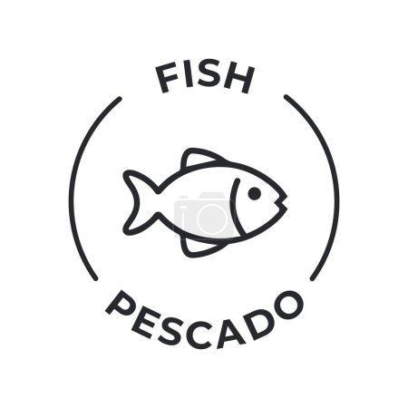 Illustration for Simple Isolated Vector Logo Badge Ingredient Warning Label. Allergens icons. Food Intolerance Fish. Written in Spanish and English - Royalty Free Image