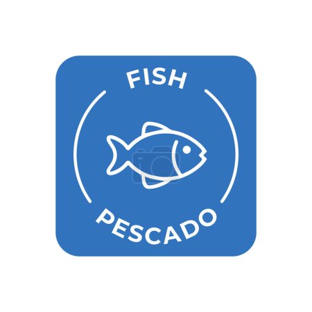 Illustration for Simple Isolated Vector Logo Badge Ingredient Warning Label. Colorful Allergens icons. Food Intolerance Fish. Written in Spanish and English - Royalty Free Image
