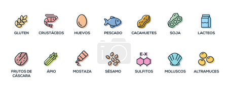 Illustration for Simple Isolated Vector Logo Set Badge Ingredient Warning Label. Colorful Allergens icons. Food Intolerance. The 14 allergens required to declare written in Spanish - Royalty Free Image