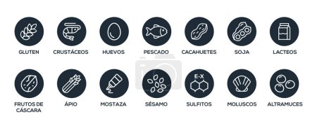 Illustration for Isolated Vector Logo Set Badge Ingredient Warning Label. Black and white Allergens icons. Food Intolerance. The 14 allergens required to declare written in spanish - Royalty Free Image