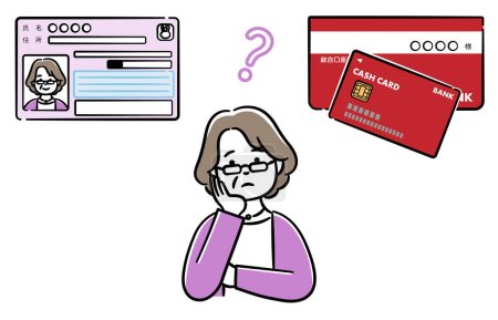 Téléchargez les illustrations : Illustration d'une femme âgée songeant à lier ma carte de numéro à un compte de réception d'argent public - en licence libre de droit