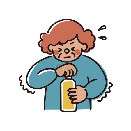 Illustration for It is an illustration of an elderly woman who cannot open the lid of a plastic bottle.Easy-to-use vector material. - Royalty Free Image