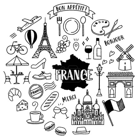 Illustration set related to simple and cute France (monochrome)