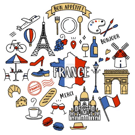 Illustration for Simple and cute illustration set related to France (tricolor) - Royalty Free Image