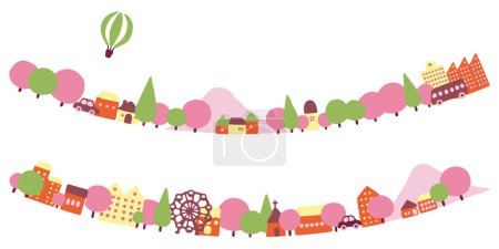 Illustration for Colorful hand-drawn illustration of a cityscape (spring landscape, curves) - Royalty Free Image
