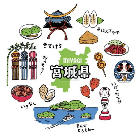 Conjunto de ilustración simple y lindo relacionado con la prefectura de Miyagi (colorido)