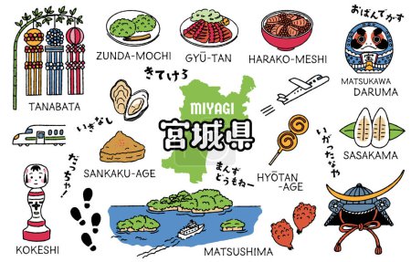 Ensemble d'illustration simple et mignon lié à la préfecture de Miyagi (coloré)