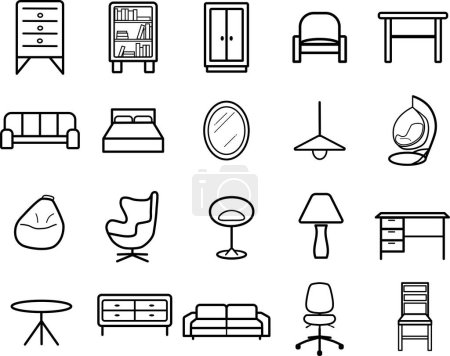 Illustration for Furniture set line icons pack household items for home. Chair, table, home, office furnishings vector outline icons - Royalty Free Image