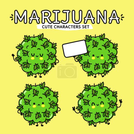 Foto de Divertido sonriente feliz marihuana hierba brote paquete conjunto. Diseño de iconos de ilustración de personajes de dibujos animados planos vectoriales. Fondo amarillo aislado - Imagen libre de derechos