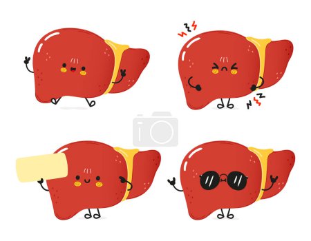 Illustration for Funny liver characters bundle set. Vector hand drawn doodle style cartoon character illustration icon design. Cute liver mascot character collection - Royalty Free Image