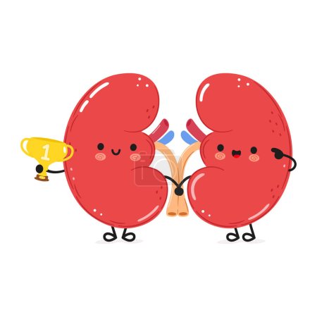 Photo for Cute funny Kidneys organ hold gold trophy cup. Vector hand drawn cartoon kawaii character illustration icon. Isolated white background. Happy heart organ with winner trophy cup - Royalty Free Image