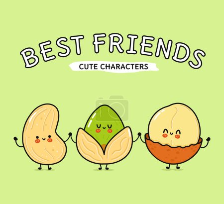 Photo for Cute, funny happy macadamia, pistachio and cashews nut. Vector hand drawn cartoon kawaii characters, illustration icon. Funny happy cartoon macadamia, pistachio and cashew nut mascot friends concept - Royalty Free Image