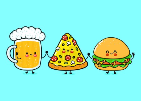 Foto de Lindo, divertido vaso feliz de cerveza, pizza y hamburguesa. Vector dibujado a mano personajes de dibujos animados kawaii, icono de la ilustración. Divertido feliz vaso de dibujos animados de cerveza, pizza y hamburguesa mascota amigos concepto - Imagen libre de derechos