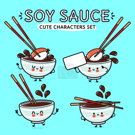 Illustration for Bowl of soy sauce characters bundle set. Vector hand drawn doodle style cartoon character illustration icon design. Isolated blue background. Cute Bowl of soy sauce mascot collection - Royalty Free Image