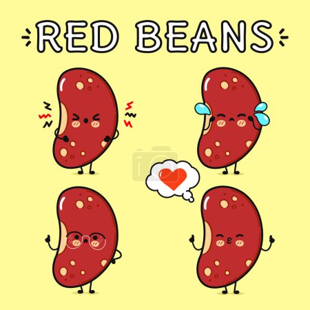 Illustration for Funny cute happy Red beans characters bundle set. Vector hand drawn doodle style cartoon character illustration icon design. Isolated yellow background. Cute Red beans mascot collection - Royalty Free Image