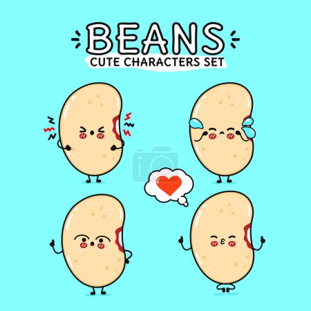 Illustration for Funny cute happy Beans characters bundle set. Vector hand drawn doodle style cartoon character illustration icon design. Isolated blue background. Cute Beans mascot collection - Royalty Free Image