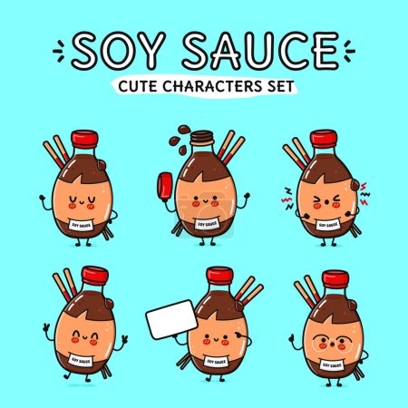 Illustration for Funny cute happy Bottle of soy sauce characters bundle set. Vector hand drawn doodle style cartoon character illustration icon design. Isolated blue background. Cute Bottle of soy sauce collection - Royalty Free Image