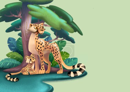 Téléchargez les photos : Léopard. La mère et le bébé léopard debout sous l'arbre pour chercher de la nourriture et se reposer. Ils aiment rester les uns avec les autres. Belle forêt. Convient pour les livres pour enfants, l'édition et toutes sortes de garanties - en image libre de droit