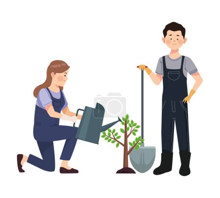 Illustration for Farmers couple planting tree characters - Royalty Free Image