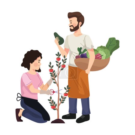 Téléchargez les illustrations : Couple d'agriculteurs avec icône de légumes - en licence libre de droit
