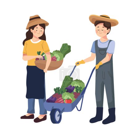 Téléchargez les illustrations : Agriculteurs avec des légumes en caractères brouette - en licence libre de droit