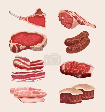 Illustration for Eight meat differents cuts icons - Royalty Free Image