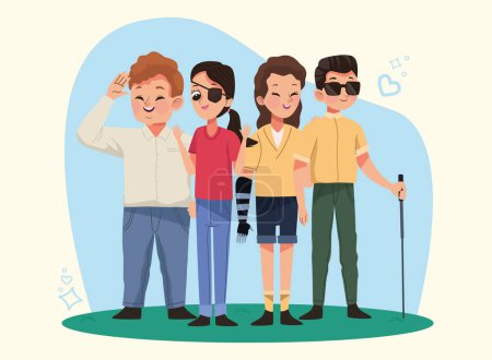 Illustration for Four disability persons characters scene - Royalty Free Image