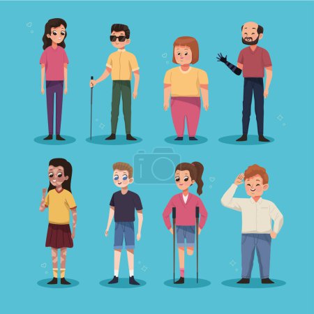 Illustration for Eight disability persons group characters - Royalty Free Image