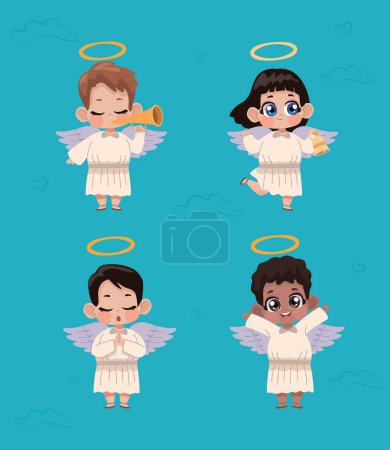 Téléchargez les illustrations : Four cupid angels group characters - en licence libre de droit