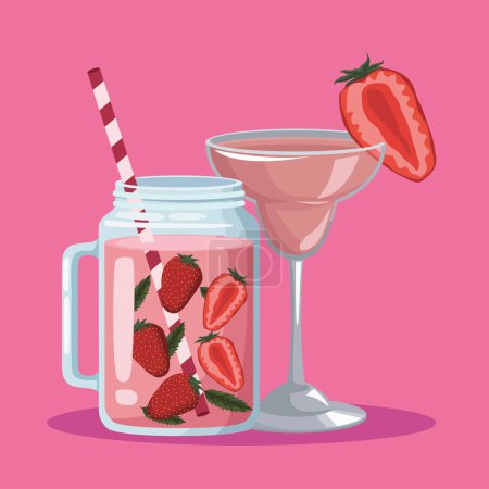 Téléchargez les illustrations : Jus de fraise boissons rafraîchir icônes - en licence libre de droit
