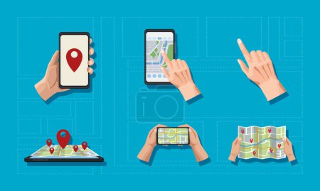 Téléchargez les illustrations : Smartphones et GPS service set icônes - en licence libre de droit