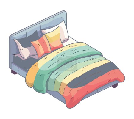 Illustration for Comfortable bedding set on modern blue headboard isolated - Royalty Free Image