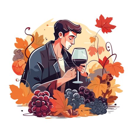 Ilustración de Cosecha de viñedo de otoño, hombres sosteniendo copas de vino aisladas - Imagen libre de derechos