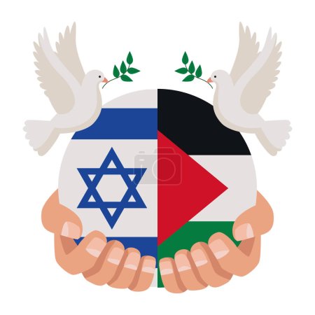 Téléchargez les illustrations : Drapeaux palestins et israéliens avec design de colombes de paix - en licence libre de droit