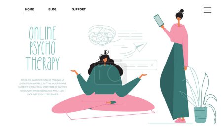 Illustration for This is vector illustration landing page with woman patient do yoga in online psychotherapy session. The doctor through phone help to cope with stress, sadness and nervous problem. The vector illustration for medical poster, web banner  and other soc - Royalty Free Image