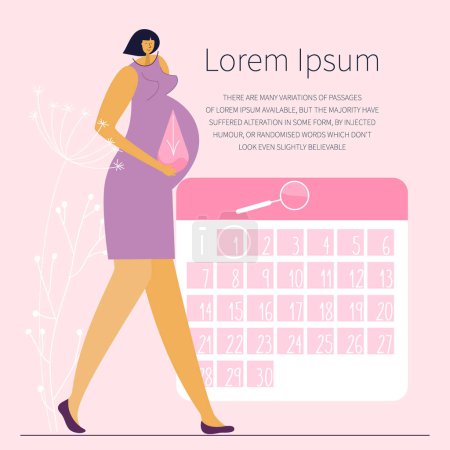 Illustration for The vector illustration with pregnant woman has not menstruation. New mom often has discomfort, back pain.  Pregnancy has the symptoms. Pregnancy calendar. This is vector illustration was made in hand drawn art. - Royalty Free Image