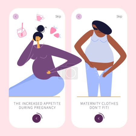 Illustration for The vector illustrationapp design with pregnancy symptoms. The has got INCREASED APPETITE DURING PREGNANCY. The pregnant woman trying to put on clothes that do not fit any longer over big belly. Weight gain during pregnancy. Clothes do not fit anymor - Royalty Free Image