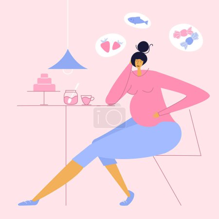 Illustration for The vector illustration with pregnant woman relax and eatsweets. She has got INCREASED APPETITE DURING PREGNANCY. New mom  hungry, has discomfort, distress during pregnancy. This is vector illustration was made in hand drawn art. - Royalty Free Image