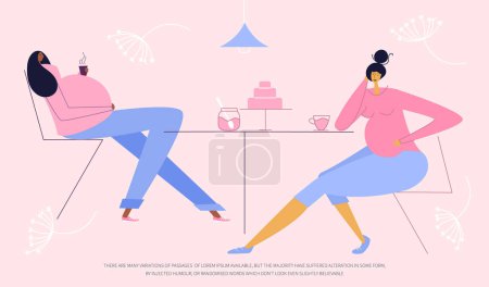 Illustration for The vector illustration with pregnant women couple, frends relax in caffe. The have got INCREASED APPETITE DURING PREGNANCY. New mom  hungry, has discomfort, distress during pregnancy. This is vector illustration was made in hand drawn art - Royalty Free Image