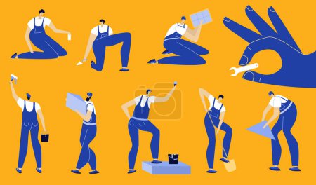 The vector illustration set with mans, builders, engineers in jumpsuit and helmet. They strong man to do hard work. Good for print poster, social networks, websites and UI UX design mobile apps.  This is vector illustration was made in hand drawn art