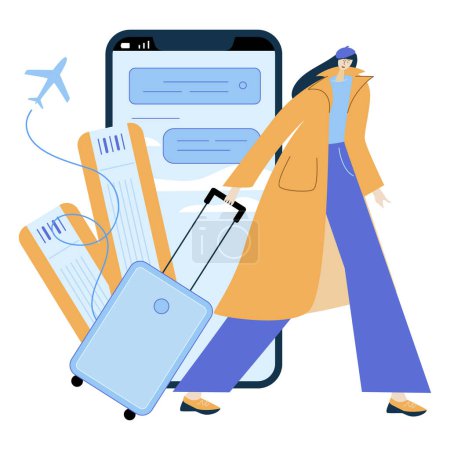 The illustration with  fashion woman buy online tickets. She go to boarding with baggage to the airplane. Go to the journey on plane. Illustration good for mobile apps.This is vector illustration was made in hand drawn art.
