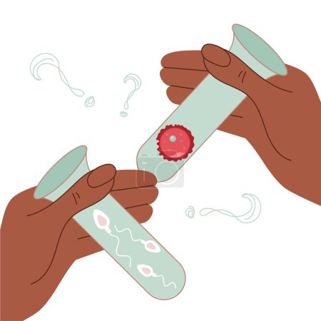 L'illustration avec les mains tient le tube à essai avec les spermatozoïdes et les ovules pour l'insémination artificielle. Illustration bonne pour affiche clinique médicale. Ceci est illustration vectorielle a été faite dans l'art dessiné à la main.