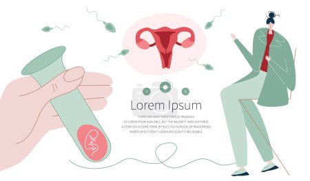 Illustration for The illustration with woman doctor, gynecologist planning pregnancy, artificial insemination, cycle, ovulation and  menstrual period PMS. Hand hold test-tube with embryo. This is vector illustration was made in hand drawn art. - Royalty Free Image