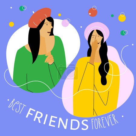 Illustration for The vector illustration with fashion girlfriends, teenager and phrase BEST FRIENDS FOREVER. The couple  fun and celebration FRIENDSHIP DAY. The illustration good for post card, poster, web site or UI UX design. This is vector illustration was made in - Royalty Free Image
