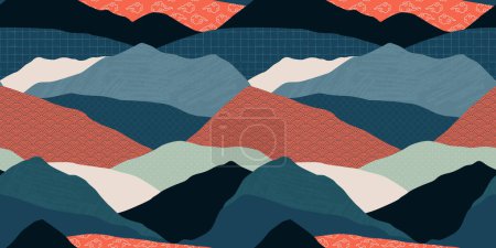 Colorful mountain landscape seamless pattern illustration. Abstract hill nature background print in vintage colors. Panoramic travel backdrop, multicolor outdoor texture concept.