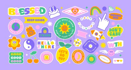Colorful retro cartoon label shape set. Collection of trendy vintage y2k sticker shapes. Funny soft pastel color quote sign bundle. Cute children icon, fun patch illustrations.