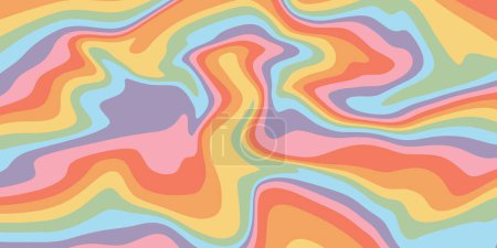 Ilustración de Retro rainbow wavy background illustration. Trendy distorted colorful texture in vintage y2k style. Psychedelic hippie pattern, liquid swirl poster. - Imagen libre de derechos